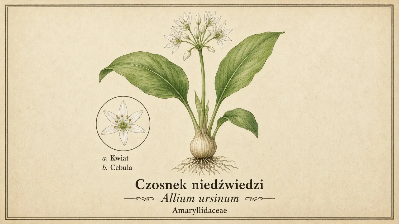 Ilustracja zielnikowa: Czosnek niedźwiedzi (Allium ursinum)