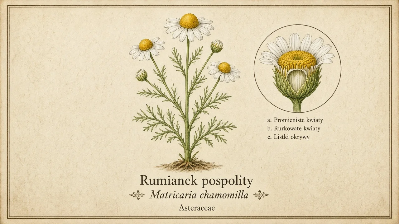 Ilustracja zielnikowa: Rumianek pospolity (Matricaria chamomilla)